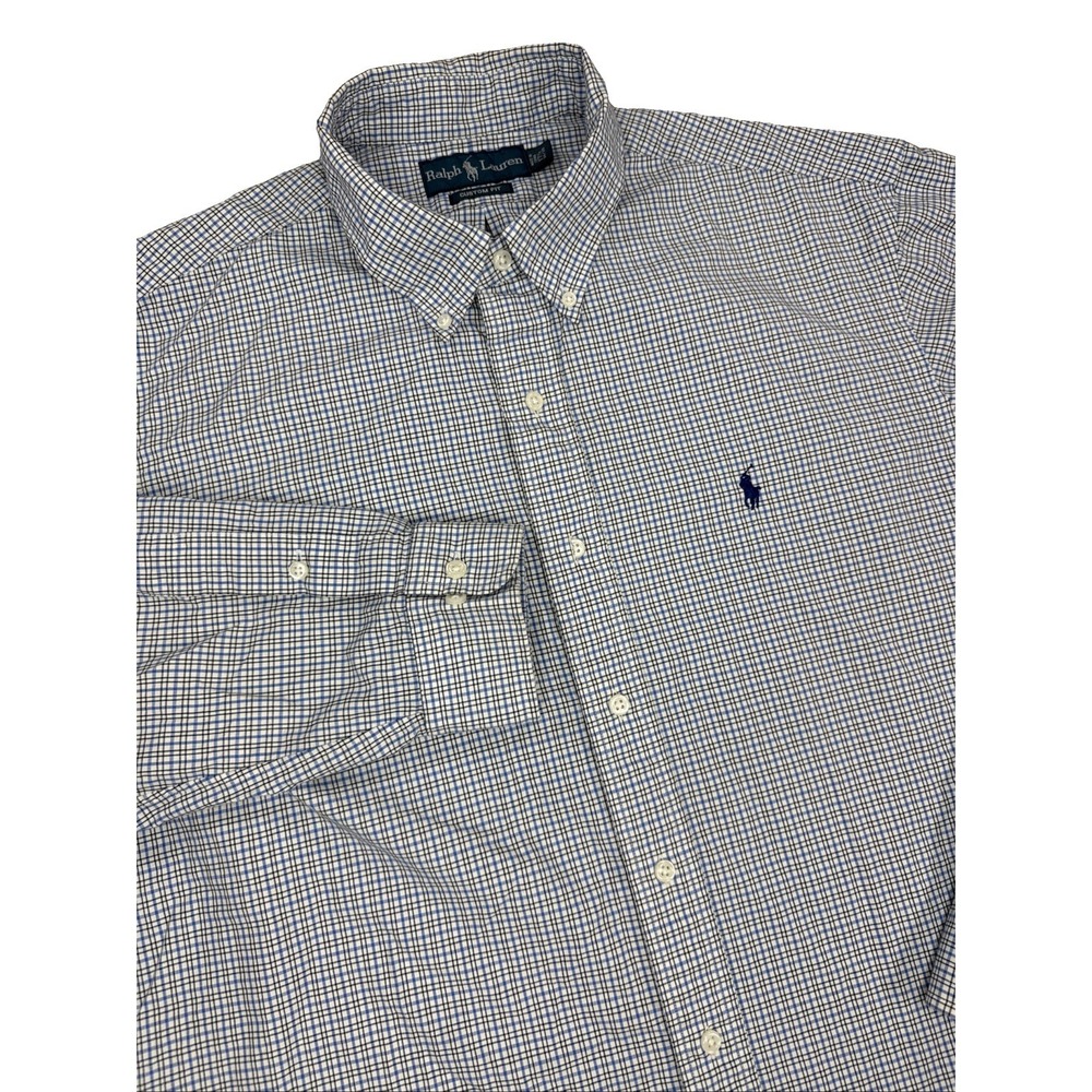 Ralph Lauren Shirt Men's 17.5 34/35 Blue Plaid Long Sleeve Custom Fit Cotton